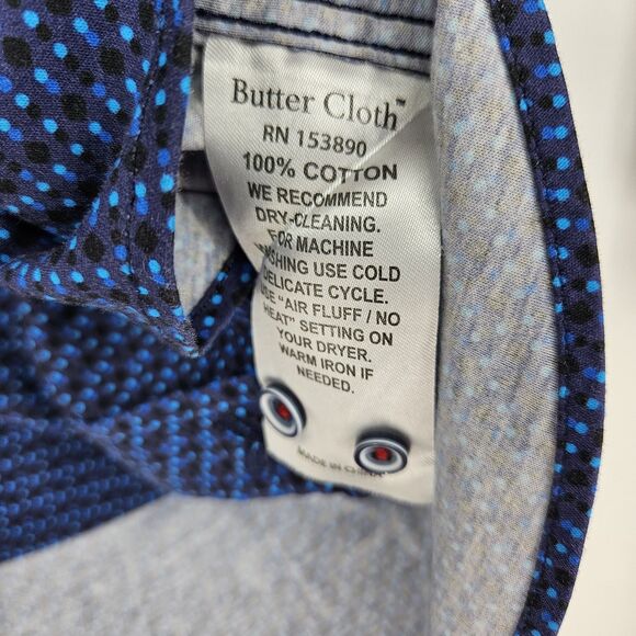 Butter Cloth Shirt Mens Large‎ Blue Circles Preppy Button Up Stretch FLAWS - Picture 4 of 11